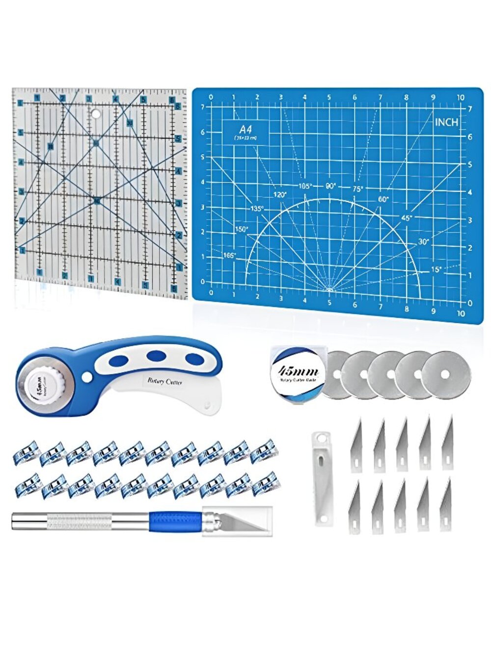 39 Pcs Rotary Cutter Set Blue - Quilting Kit incl. 45mm Fabric Cutter